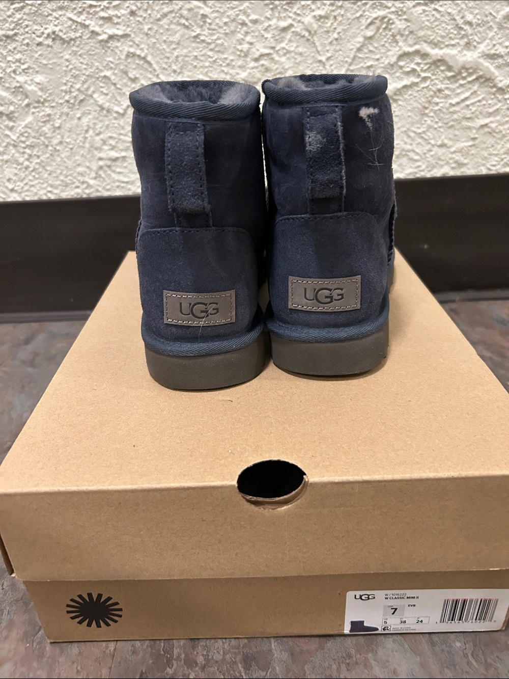 Women’s MINI II UGG Navy Short Suede Boot with Plush Shearling Size 7 EXCELLENT - Picture 3 of 16